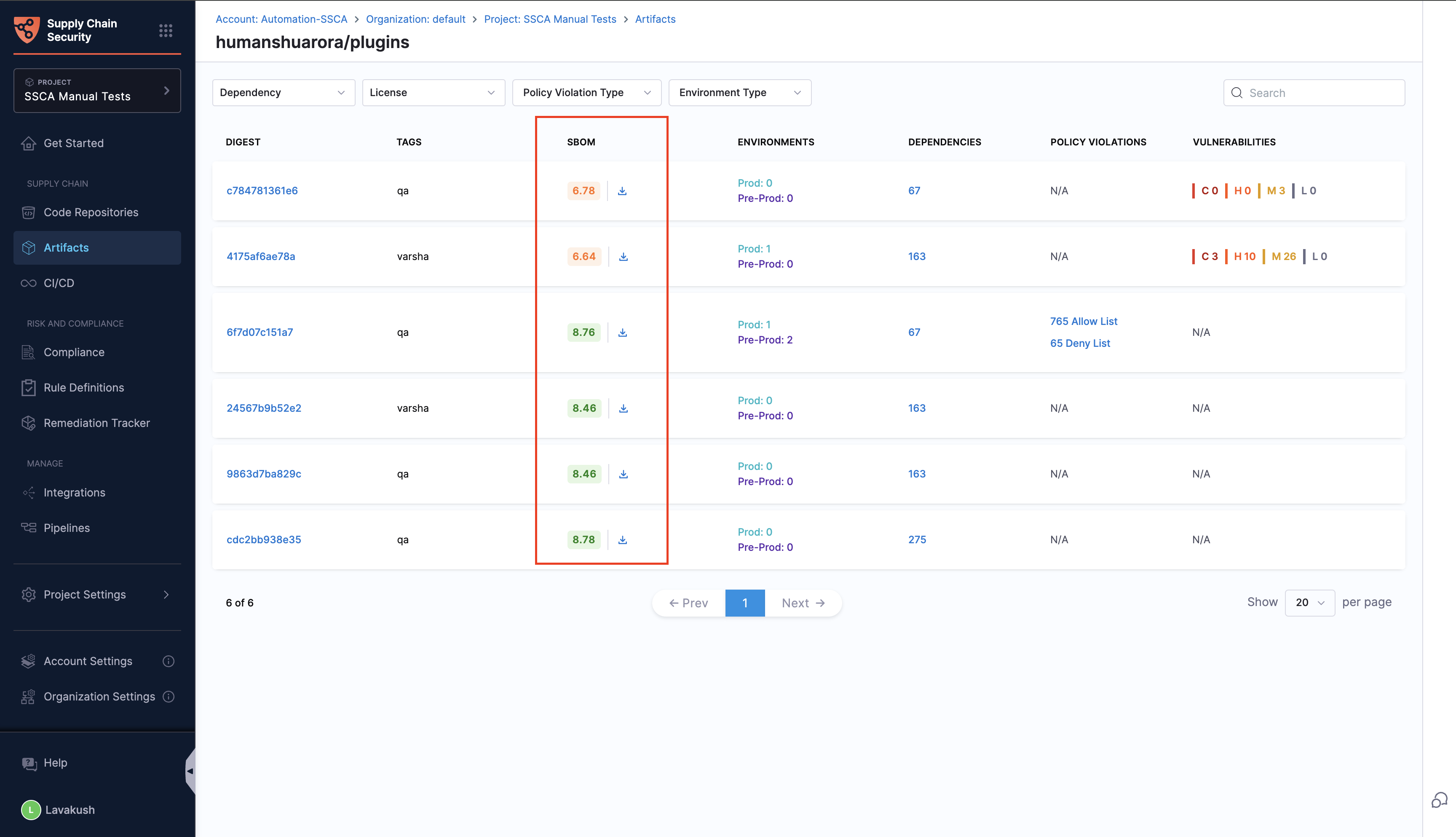 &quot;SBOM Score from Artifacts view&quot;